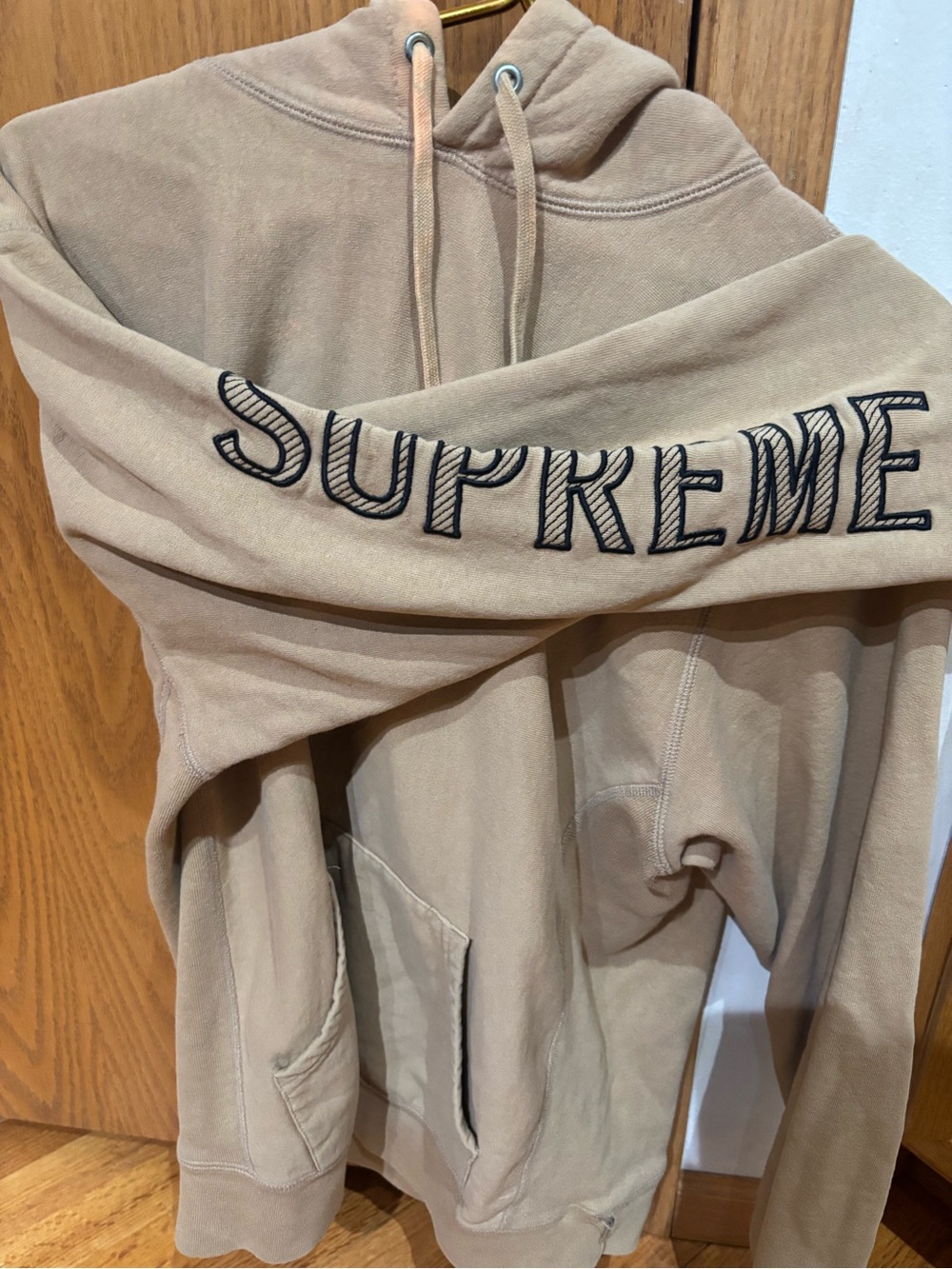Supreme Tan Crewneck Hoodie with Script Sleeve Logo